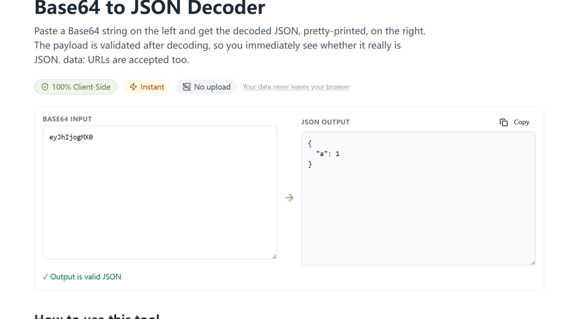 The Base64 to JSON converter decoding an unpadded input successfully, with the JSON result on the right