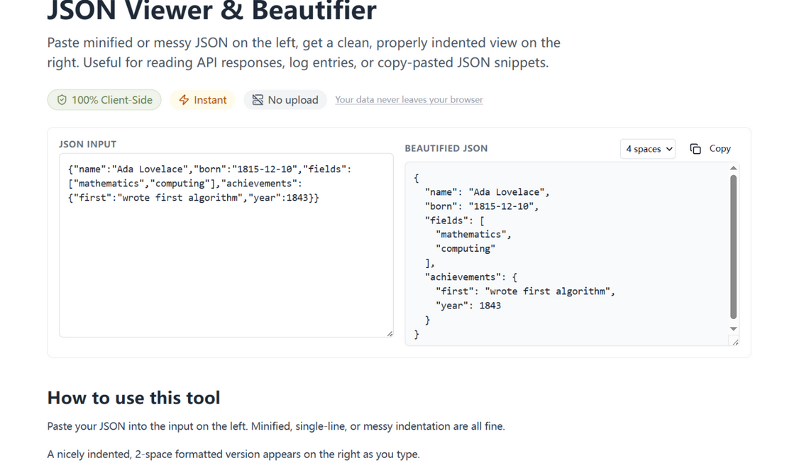 The beautifier with the indentation dropdown set to 4 spaces, reflected in the formatted output