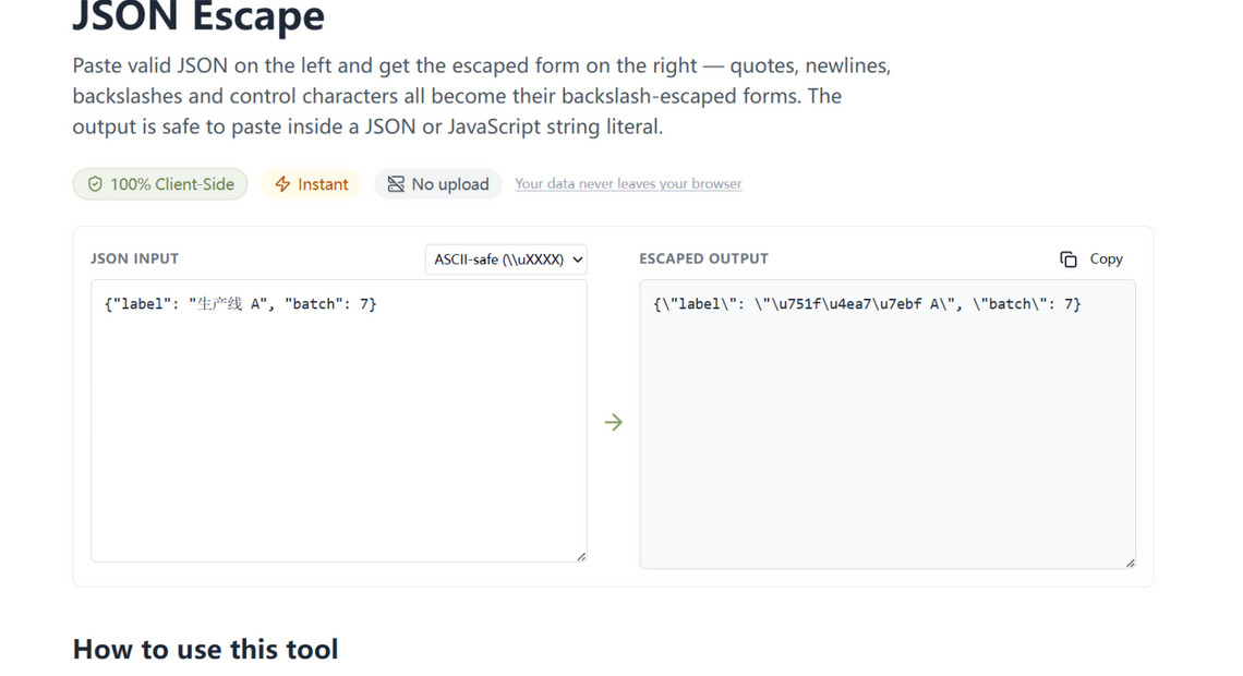 The escaper with the ASCII-safe mode selected: non-ASCII characters appear as \\uXXXX sequences in the output