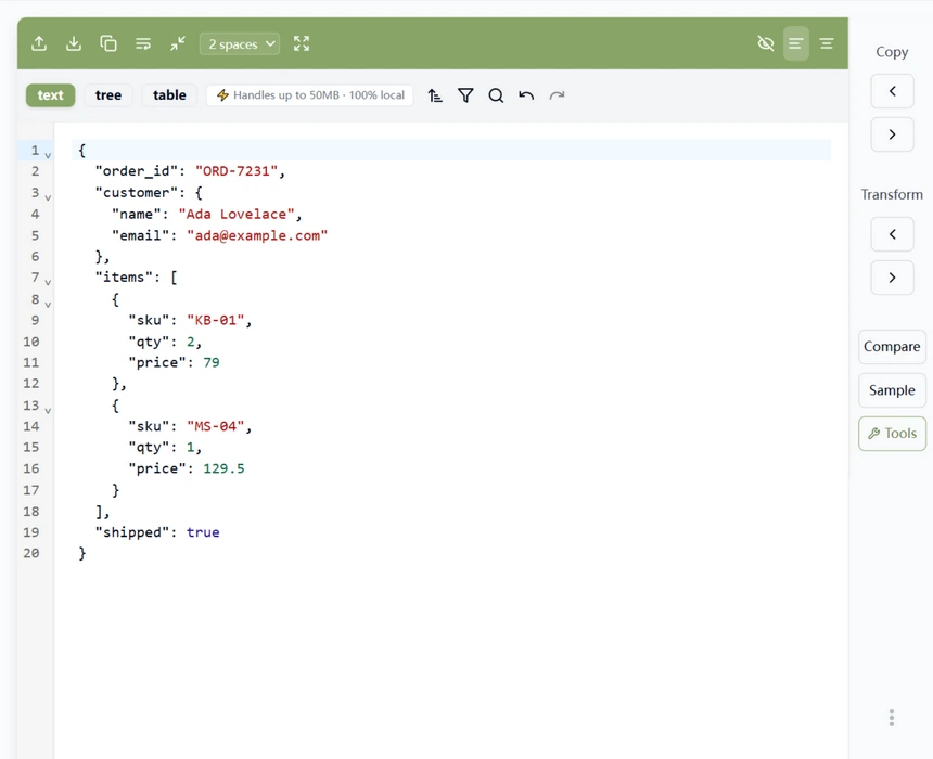 The editor's formatting toolbar: an indentation dropdown set to 2 spaces, a minify button, and a freshly formatted 20-line JSON document validated as Valid JSON