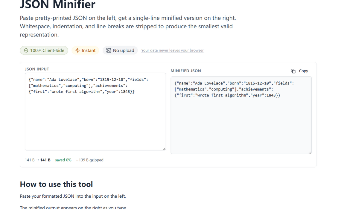 The JSON minifier with a statistics row: original bytes, minified bytes, savings percentage, and a gzip estimate