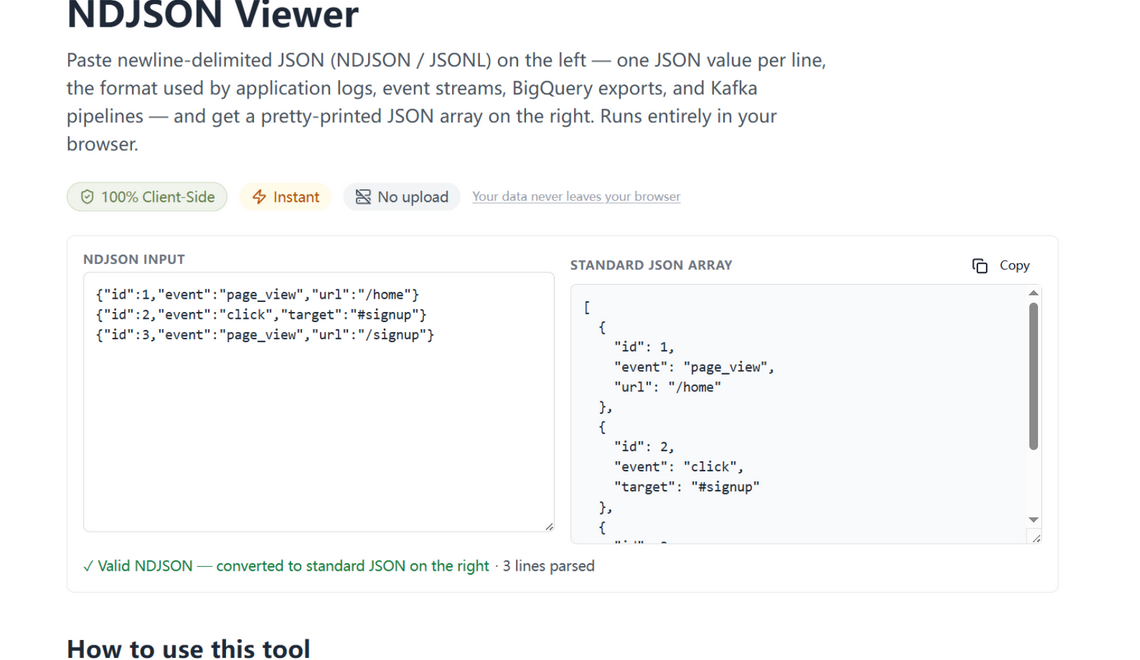The NDJSON viewer confirming 'Valid NDJSON · 3 lines parsed' under the converted output