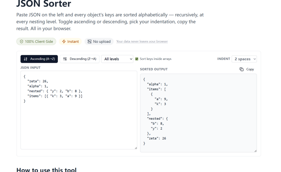 The JSON sorter with a sort-scope dropdown (All levels / Top level only) and a 'Sort keys inside arrays' checkbox next to the direction buttons
