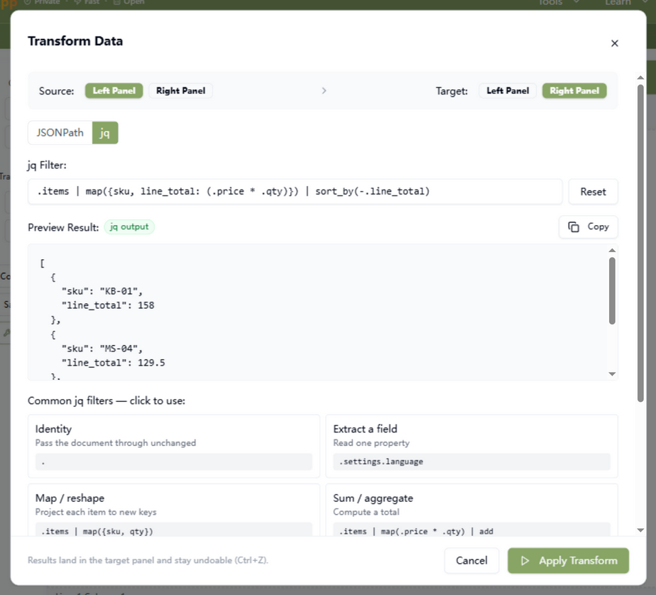 The Transform dialog in jq mode: a filter computing line totals and sorting them, with the live preview showing the reshaped array and the pinned Apply Transform footer below