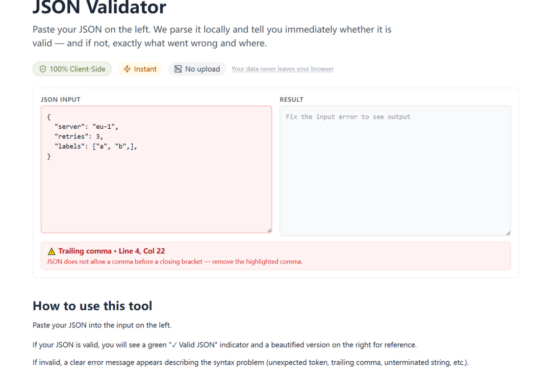 The JSON validator reporting 'Trailing comma · Line 4, Col 24' with a one-sentence hint, next to the offending document